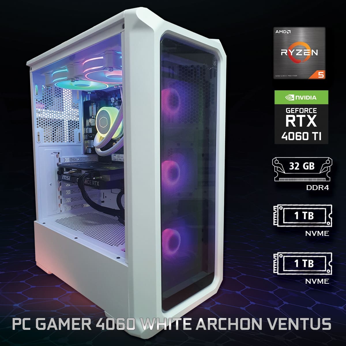 PC Gamer 4060 White Archon Ventus - ASSEMBLED PRO COMPUTER - Bulltech Store