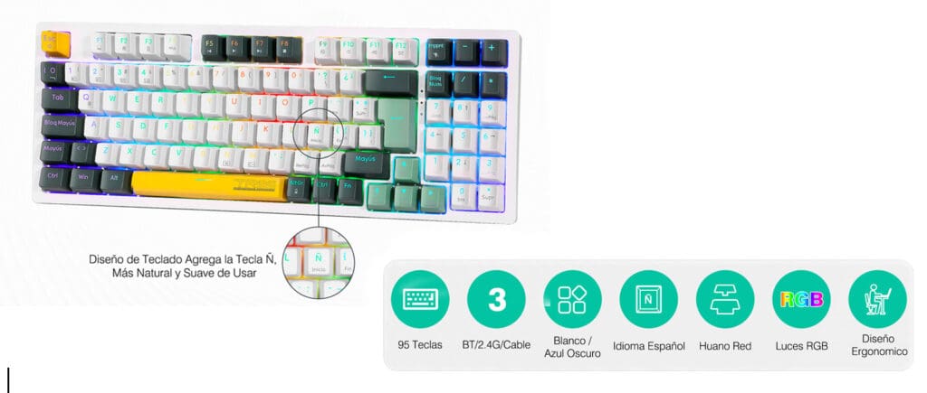 Teclado Gamer Mecánico Terport TR95/Z-94 | 90% | Español | Bluetooth/2.4G Usb/Cableado