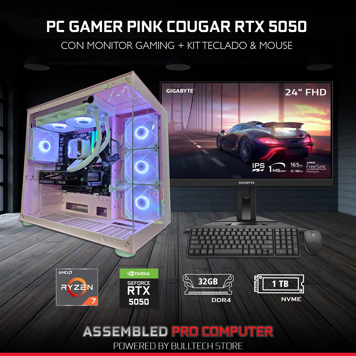 PC Gamer Pink Cougar RTX 5050 / Monitor Gamer 24" / Kit de Teclado & Mouse - Computadora Gamer y Profesional - Bulltech Store - Tienda en CDMX - Assembled Pro Computer