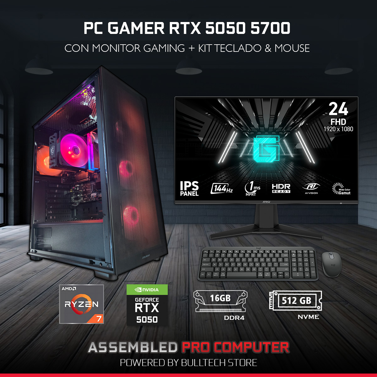PC Gamer RTX 5050 5700 / Monitor Gamer 24" / Kit de Teclado & Mouse / Computadora Gamer y Profesional - Computadora Gamer y Profesional - Bulltech Store - Tienda en CDMX - Assembled Pro Computer